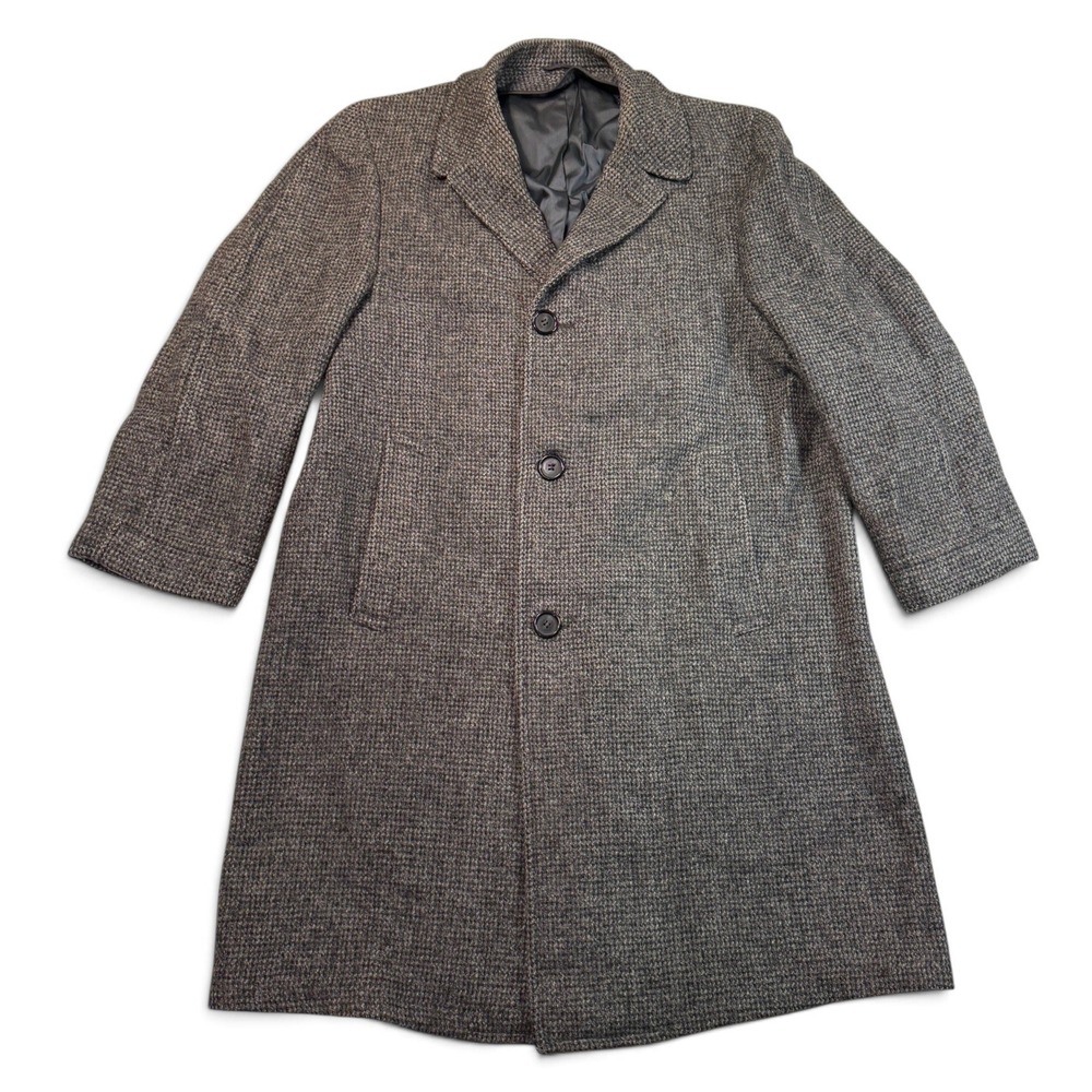 Harris Tweed Overcoat Mens 46 Handwoven Scottish Wool Gray Brown Check Coat VTG